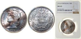 Portugal First Republic 1916 50 Centavos Silver (.835) (5080000) 12.5g NGC MS 63 KM 561