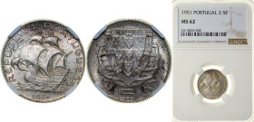 Portugal Second Republic 1951 2.50 Escudos Silver (.650) (4000000) 3.5g NGC MS 62 KM 580