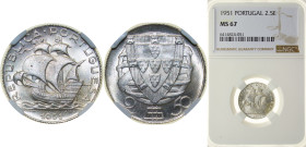Portugal Second Republic 1951 2.50 Escudos Silver (.650) (4000000) 3.5g NGC MS67 Top Pop KM 580