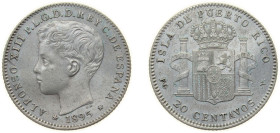 Puerto Rico Spanish colony 1895 PGV 20 Centavos Silver (.835) Madrid Mint (3350000) 5g XF KM 22