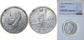 Romania Kingdom 1911 2 Lei - Carol I Silver (.835) Hamburg Mint (1000000) 10g NGC AU 55 KM 43