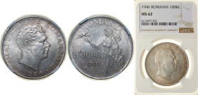 Romania Kingdom 1946 100 000 Lei - Mihai I Silver (.700) Bucharest Mint (2002000) 25g NGC MS 62 KM 71 Schön 87 Dav ECT 277
