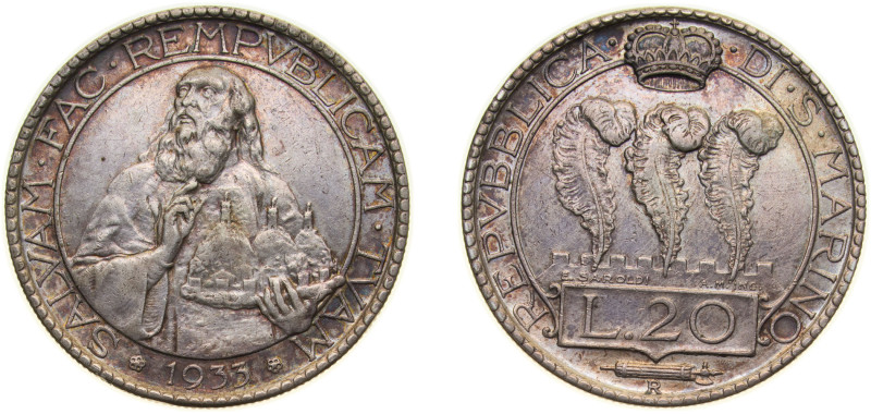 San Marino Republic 1933 R 20 Lire Silver (.800) Rome Mint (10000) 15g AU KM 11 ...