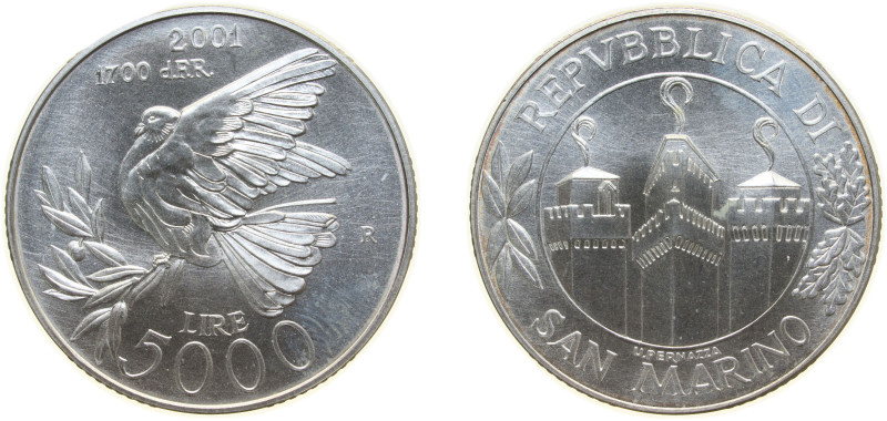 San Marino Republic 2001 R 5000 Lire (Peace) Silver (.835) Rome Mint (30000) 18g...