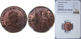 Spain Kingdom 1840 2 Maravedis - Isabel II Copper Segovia Mint 2.5g NGC MS 64 RB KM 532.4