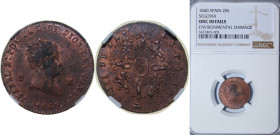 Spain Kingdom 1840 2 Maravedis - Isabel II Copper Segovia Mint 2.5g NGC UNC Environmental Damage KM 532.4