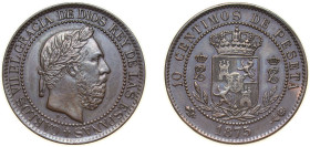 Spain Kingdom 1875 OT 10 Centimos - Carlos VII (pretender) Bronze (95% copper, 4% tin, 1% zinc) Oñate Mint (100000) 10g AU KM 670 Cal 8