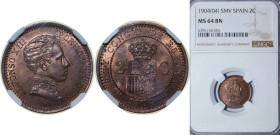 Spain Kingdom 1904 *04 SMV 2 Centimos - Alfonso XIII (4th portrait) Bronze (95% copper, 4% tin, 1% zinc) Madrid Mint 2g NGC MS 64 RB KM 722