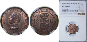 Spain Kingdom 1911 *11 PCV 2 Centimos - Alfonso XIII (5th portrait) Bronze (95% copper, 4% tin, 1% zinc) Madrid Mint (2284000) 2g NGC MS64 BN Top Pop ...