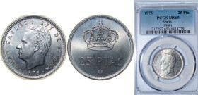 Spain Kingdom 1975 *80 25 Pesetas - Juan Carlos I Mint error Obverse Rotated about 180 Degrees Copper-nickel (75% copper, 25% nickel) Madrid Mint (136...