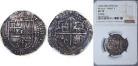 Spain Kingdom ND (1566-1588) S D 2 Reales - Felipe II Obverse : Clear Mintmark "S" at left; Reverse: Clear Mint Official's Initial "D" at right Silver...