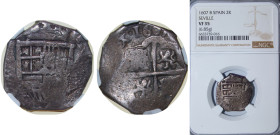 Spain Kingdom 1607 S B 2 Reales - Felipe III Reverse: Clear Date at top Silver (.931) Seville Mint 6.85g NGC VF35 Top Pop KM 26.7