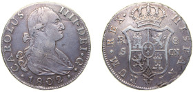 Spain Kingdom 1802 S CN 8 Reales - Carlos IV Silver (.896) Seville Mint 27g VF Rim Damage KM 432.2