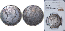 Spain Kingdom 1850 S RD 20 Reales - Isabel II Silver (.900) Seville Mint 26g NGC AU 53 KM 592.2