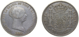 Spain Kingdom 1854 20 Reales - Isabel II Silver (.900) Seville Mint 26g XF KM 593 Cal 151