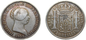 Spain Kingdom 1855 20 Reales - Isabel II Silver (.900) Seville Mint 26g VF KM 593.3