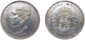 Spain Kingdom 1875 *18-75 DEM 5 Pesetas - Alfonso XII (1st portrait;legend in edge) Silver (.900) Madrid Mint (8641000) 25g XF KM 671