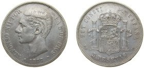 Spain Kingdom 1877 *18-77 DEM 5 Pesetas - Alfonso XII (2nd portrait) Silver (.900) Madrid Mint (6987000) 25g VF KM 676