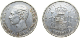 Spain Kingdom 1878 *18-78 EMM 5 Pesetas - Alfonso XII (2nd portrait) Silver (.900) Madrid Mint (4147986) 25g XF KM 676