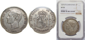 Spain Kingdom 1879 EMM 5 Pesetas - Alfonso XII (2nd portrait) Silver (.900) Madrid Mint (1634000) 25g NGC VF 35 KM 676
