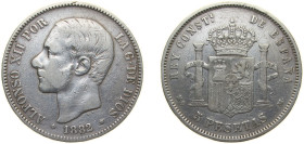 Spain Kingdom 1882 *18-81 MSM 5 Pesetas - Alfonso XII (3rd portrait) Silver (.900) Madrid Mint 25g VF KM 688