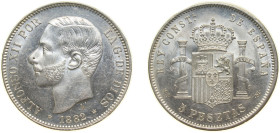 Spain Kingdom 1882 *18-82 MSM 5 Pesetas - Alfonso XII (3rd portrait) Silver (.900) Madrid Mint 25g UNC KM 688 Cal 34