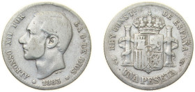 Spain Kingdom 1883 *??-83 MSM 1 Peseta - Alfonso XII (2nd portrait) Silver (.835) Madrid Mint (8445839) 5g VF KM 686 Cal 56