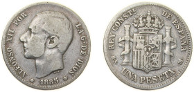 Spain Kingdom 1885 *?8-86 MSM 1 Peseta - Alfonso XII (2nd portrait) Silver (.835) Madrid Mint (1528418) 5g VF KM 686