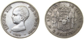 Spain Kingdom 1889 *18-?? MPM 2 Pesetas - Alfonso XIII (1st portrait) Silver (.835) Madrid Mint (559000) 10g VF KM 692
