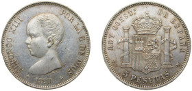Spain Kingdom 1890 *18-90 PGM 5 Pesetas - Alfonso XIII (1st portrait) Silver (.900) Madrid Mint (3000000) 25g UNC KM 689