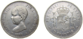 Spain Kingdom 1891 *18-91 PGM 5 Pesetas - Alfonso XIII (1st portrait) Silver (.900) Madrid Mint (11659556) 25g XF KM 689
