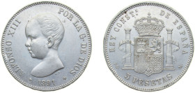 Spain Kingdom 1891 *18-91 PGM 5 Pesetas - Alfonso XIII (1st portrait) Silver (.900) Madrid Mint (11659556) 25g XF Cleaned KM 689