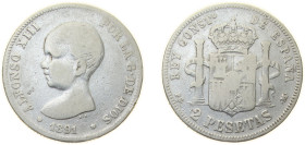 Spain Kingdom 1891 PGM 2 Pesetas - Alfonso XIII (1st portrait) Silver (.835) Madrid Mint (93000) 10g KM 692