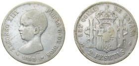 Spain Kingdom 1892 *??-92 PGM 2 Pesetas - Alfonso XIII (1st portrait) Silver (.835) Madrid Mint (1379000) 10g VF KM 692