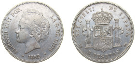 Spain Kingdom 1892 *18-92 PGM 5 Pesetas - Alfonso XIII (2nd portrait) Silver (.900) Madrid Mint (7000000) 25g VF KM 700