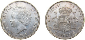 Spain Kingdom 1893 *18-93 PGL 5 Pesetas - Alfonso XIII (2nd portrait) Silver (.900) Madrid Mint (2500000) 25g UNC Cleaned KM 700