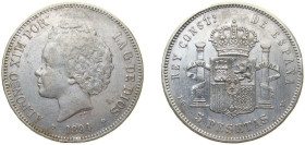 Spain Kingdom 1894 *18-94 PGV 5 Pesetas - Alfonso XIII (2nd portrait) Silver (.900) Madrid Mint (3871000) 25g VF KM 700