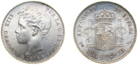 Spain Kingdom 1896 *18-96 PGV 1 Peseta - Alfonso XIII (3rd portrait) Silver (.835) Madrid Mint (6412000) 5g UNC KM 706 Cal 41
