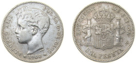 Spain Kingdom 1900 *19-00 SMV 1 Peseta - Alfonso XIII (3rd portrait) Silver (.835) Madrid Mint (18650000) 5g VF KM 706