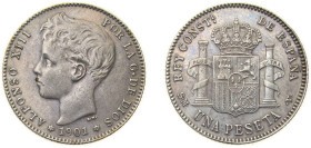 Spain Kingdom 1901 *19-01 SMV 1 Peseta - Alfonso XIII (3rd portrait) Silver (.835) Madrid Mint (8449000) 5g XF KM 706