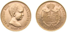 Spain Kingdom 1887 *19-62 PGV 20 Pesetas - Alfonso XIII (1st portrait) Gold (.900) Madrid Mint (11000) 6.45g UNC KM 693