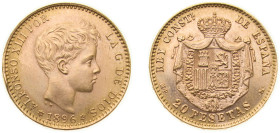 Spain Kingdom 1896 *19-62 MPM 20 Pesetas - Alfonso XIII (3rd portrait) Gold (.900) Madrid Mint (12000) 6.45g UNC KM 709 Cal 7