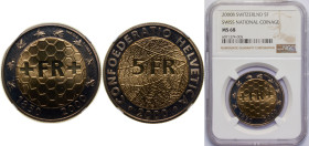 Switzerland Federal State 2000 B 5 Francs (Swiss Franc) Bimetallic: brass centre in copper-nickel ring Bern Mint (150000) 15g NGC MS68 Top Pop HMZ 2 1...