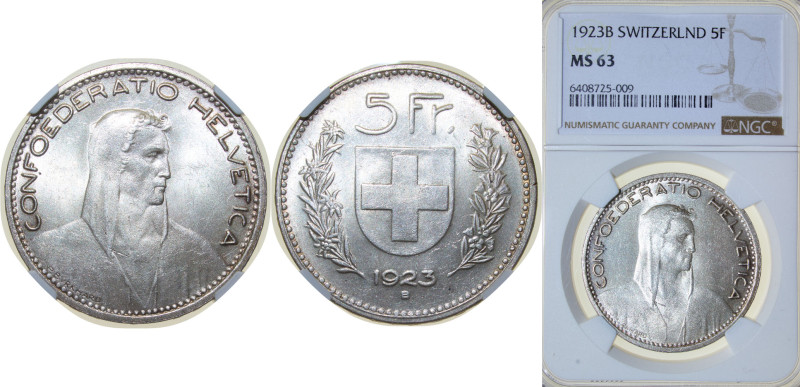 Switzerland Federal State 1923 B 5 Francs (Herdsman; large type) Silver (.900) (...
