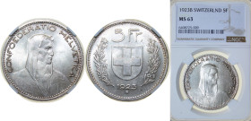 Switzerland Federal State 1923 B 5 Francs (Herdsman; large type) Silver (.900) (10% copper) Bern Mint 25g NGC MS 63 HMZ 2 1199 Divo/Tob19 298 KM 37 Sc...