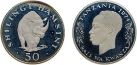 Tanzania Republic 1974 50 Shilingi (Black Rhinoceros) Silver (.925) Royal Mint (12000) 35g PF KM 8a Schön 10a