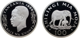 Tanzania Republic 1986 100 Shilingi (Conservation, Elephant; Silver Proof Issue) Silver (.925) (25000) 19.44g PF KM 18a Schön 21a