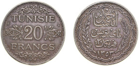 Tunisia French Protectorate AH 1353 (1935) 20 Francs - Ahmad II Silver (.680) Paris Mint (1250000) 20g XF KM 263 Lec 364