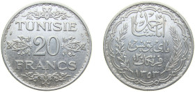 Tunisia French Protectorate AH 1353 (1935) 20 Francs - Ahmad II Silver (.680) Paris Mint (1250000) 20g XF KM 263 Lec 364