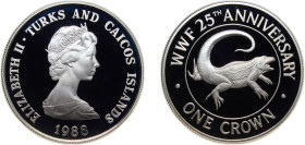 Turks and Caicos Islands British Overseas Territory 1988 1 Crown - Elizabeth II (WWF, Bahamas Rock Iguana; Silver Proof Issue) Silver (.925) (25000) 2...